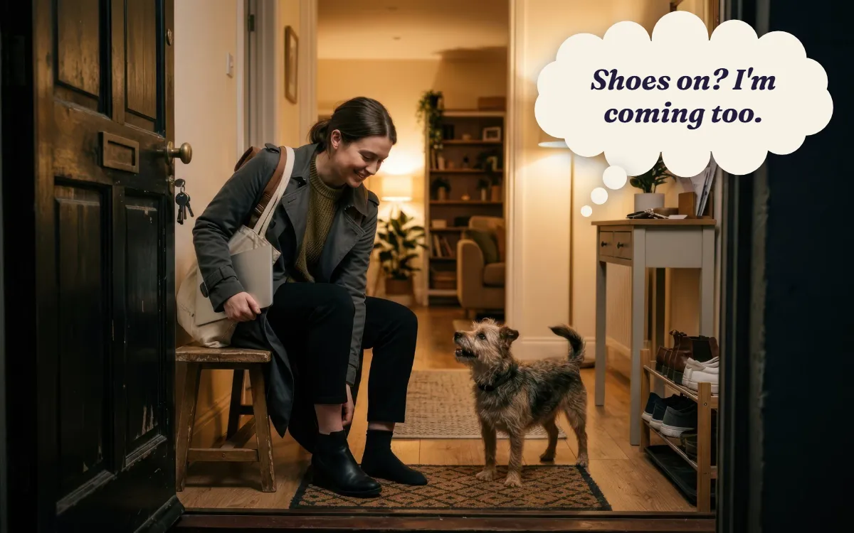 Small dog watching its owner get ready by the front door, thinking "Shoes on? I'm coming too."